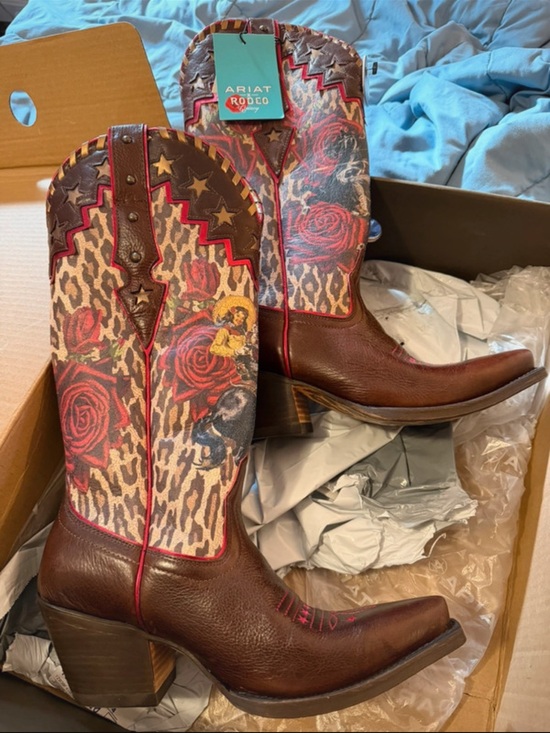 Ariat Shoes - Ariat Rodeo Quincy Brown Leather Western Boots with Red Rose & Leopard Print